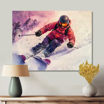 Orange Ski Slopestyle Mens Accented With Pink - Skiing Canvas Wall Art